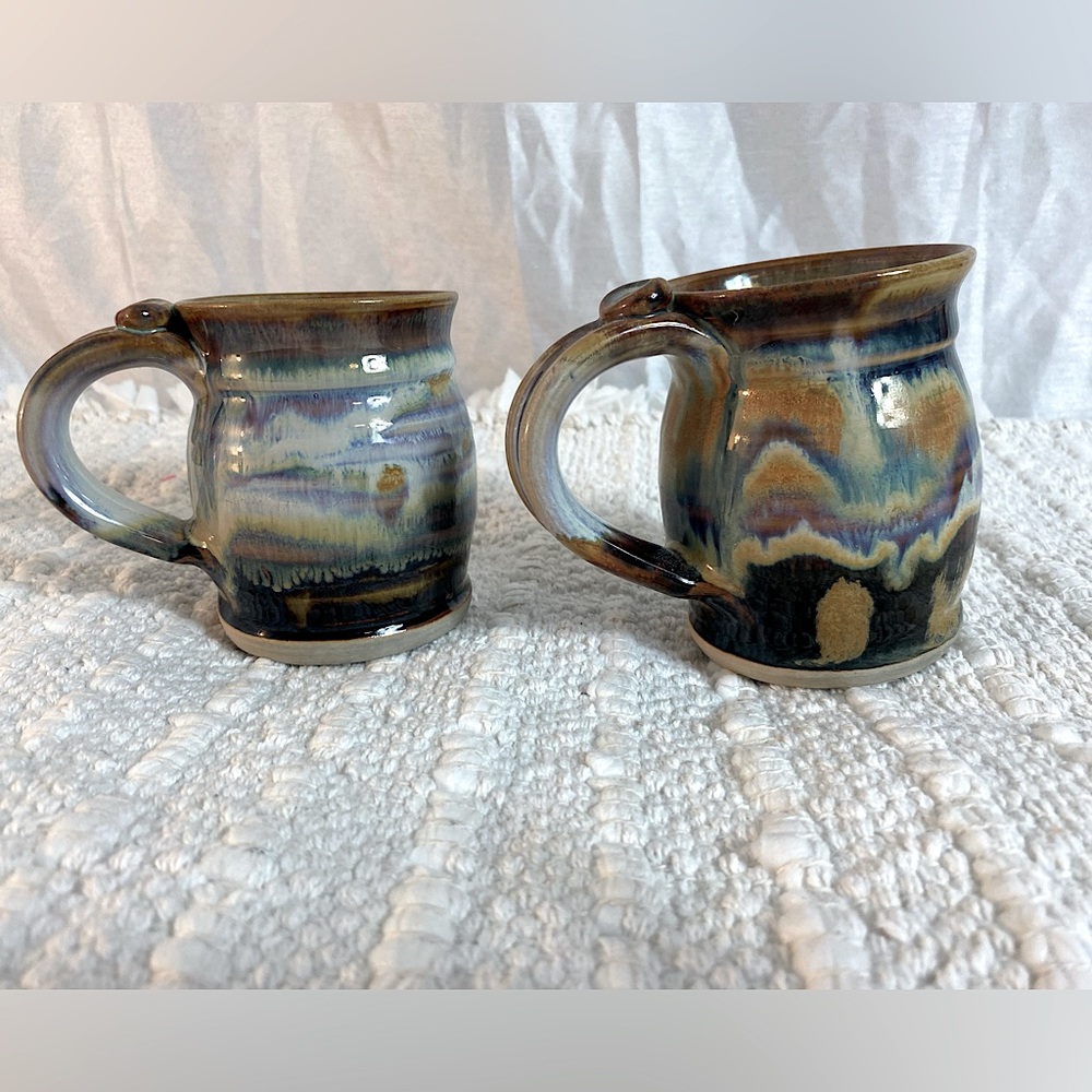 Set of 2 ARTESIAN STUDIO POTTERY SIGNED BLUE BROWN COFFEE CUPS/MUGS